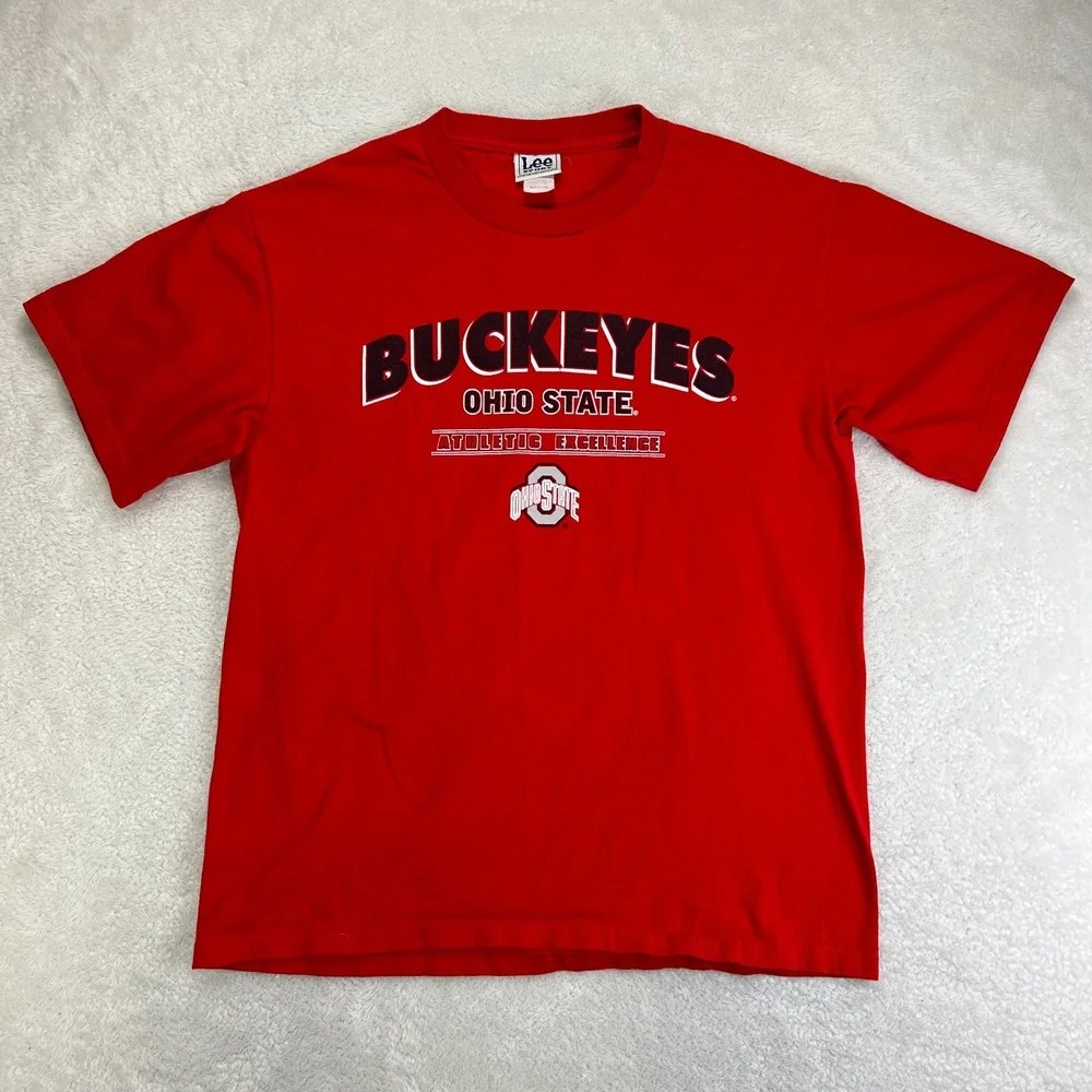 Vintage Lee T-Shirt Womens M Red Graphic Ohio State Buckeyes Short Sleeve